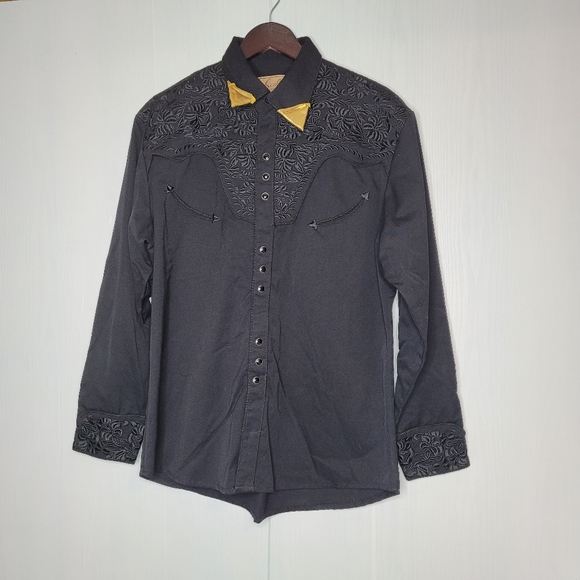 VTG Scully Men Western Snaps Button Shirt Size Medium Black Embroidered Floral - Picture 12 of 16
